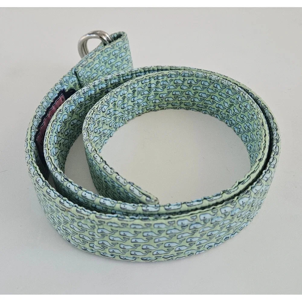 Vineyard Vines D Ring Belt Mens Lg Green Blue Whales Cotton Preppy Beach Golf